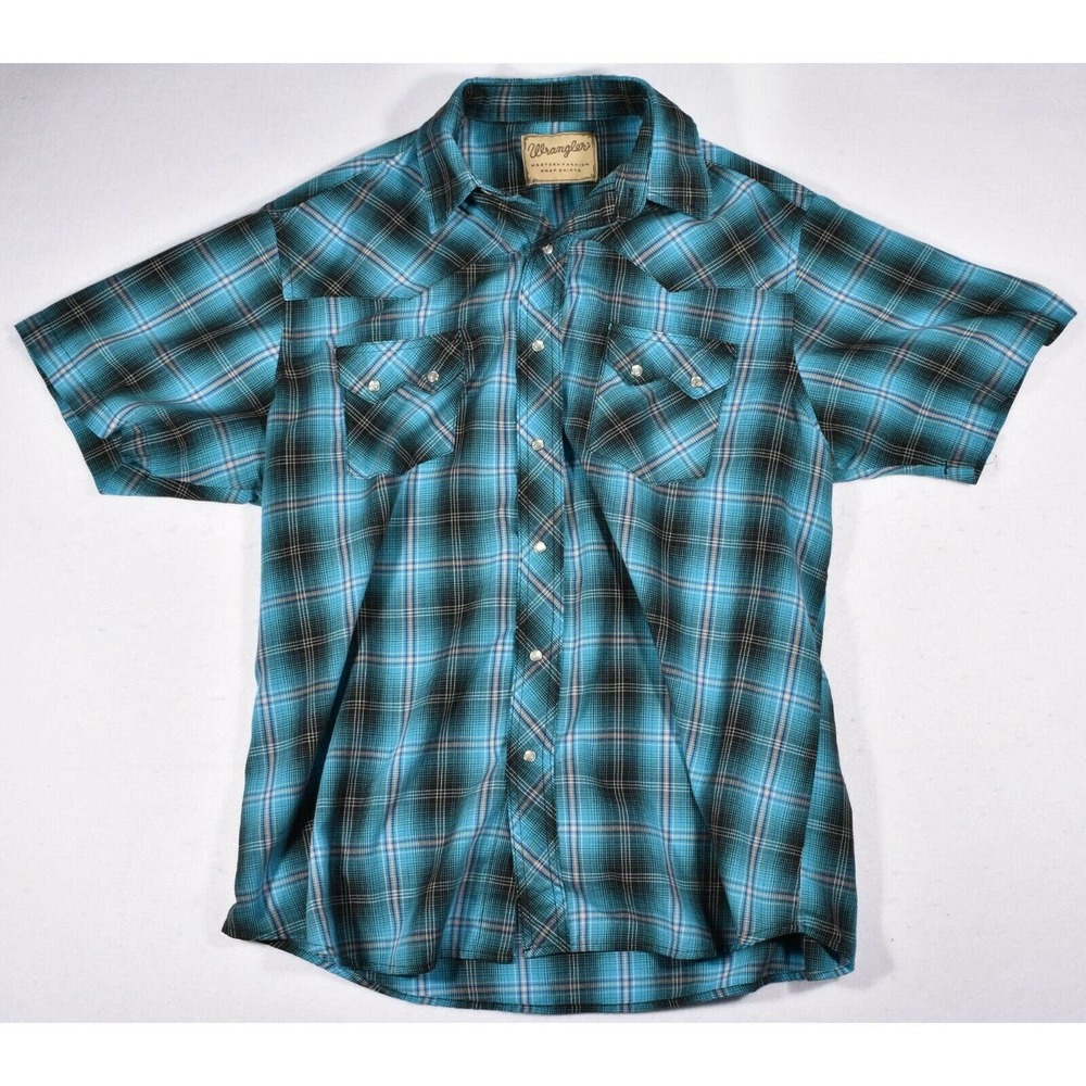 Wrangler Western Short Sleeve Button Up Mens Small Button Up Shirt Blue Plaid